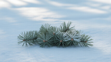 Pine branch with fresh snow on a cold winter day.