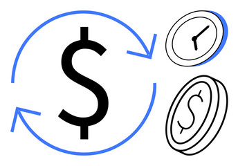 Large dollar sign with arrows in a loop, flanked by a clock and coin. Ideal for finance, investment, savings, time management, business planning, productivity, simple flat metaphor