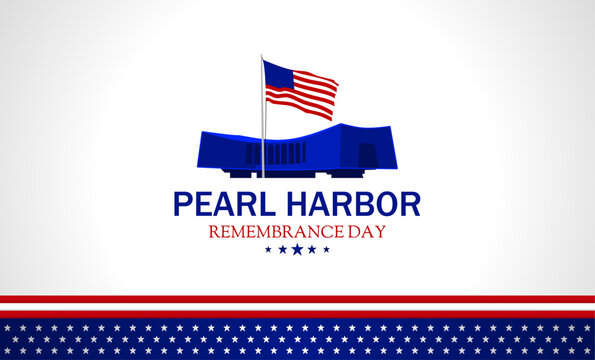 Commemorative Pearl Harbor Remembrance Day design featuring the USS Arizona Memorial and an American flag in patriotic red, white, and blue.