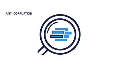 Flat design illustration of a magnifying glass over three horizontal bars on a white background with the words 'ANTI-CORRUPTION' in the upper left corner.