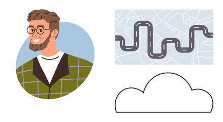 Smiling man wearing glasses, map with a winding road, and a cloud outline. Ideal for navigation, travel, planning, communication, technology ideas connectivity. Simple flat metaphor