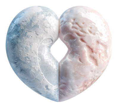 The design features a heart shape combining moon and love elements, with one side resembling the moon's surface and the other side in soft pastel tones, set against a transparent background