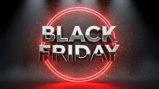 Dynamic black friday sale announcement with glowing neon red oval frame and dramatic spotlight illumination on metallic 3d text
