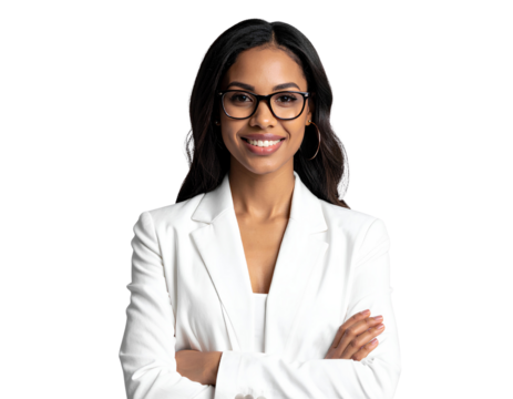 Portrait of a smiling businesswoman wearing eyeglasses with arms crossed, isolated on transparent background.