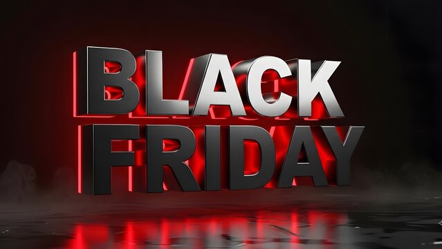 Bold 3d metallic black friday text with red neon glow and reflective surface creating an intense and dramatic promotional atmosphere for sales and discounts