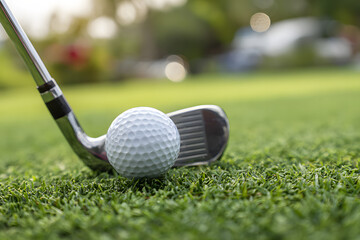 Golf club and ball against a green field