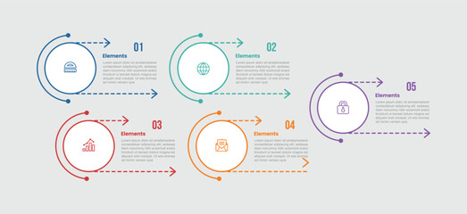 5 elements infographic comparison diagram with big circle with dotted arrow line right direction with 5 step for slide presentation