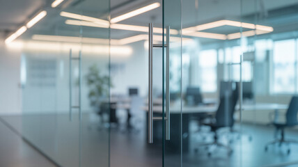 Office interior with glass door and modern workspace