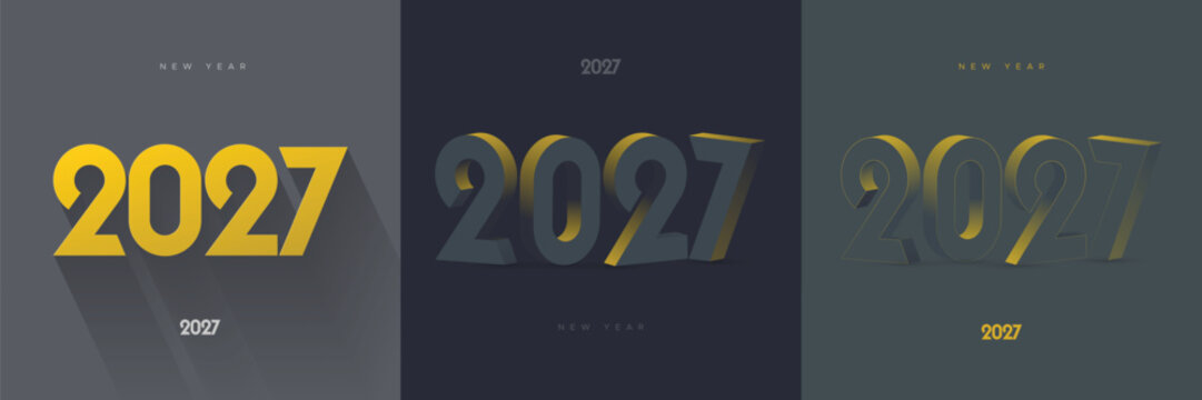 Elegant 3D yellow typography displaying 2027 with strong shadows and dark backgrounds, perfect for New Year promotions, greeting cards, posters, and branding visuals.