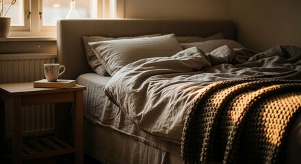 A cozy Scandinavian bedroom corner is bathed in warm, soft golden hour light, creating an inviting atmosphere. The focus is on a linen-upholstered bed featuring rumpled, neutral-toned bedding and a