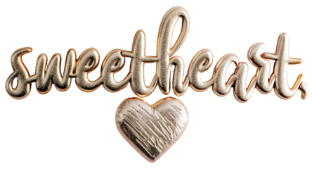 Stylish foil lettering spells out sweetheart with a heart design, isolated on a transparent background. Perfect for Valentine's Day crafts, decorations, or greeting cards