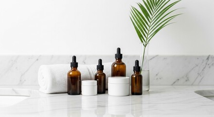 A minimalist collection of luxury skincare products, including amber glass dropper bottles and white ceramic jars, is meticulously arranged on a bright white marble bathroom vanity countertop.