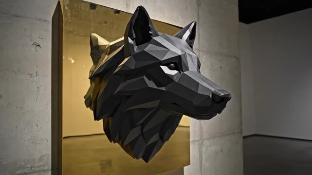Low Poly Black Wolf Head Sculpture On Gold Plaque