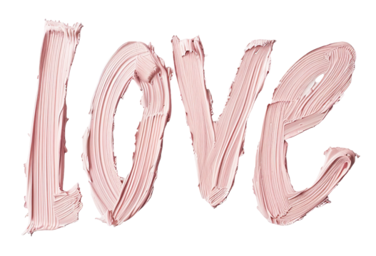 Brushstroke artwork spells out the word love in soft pink tones, uniquely presented on a transparent background for versatile use in various projects - Powered by Adobe