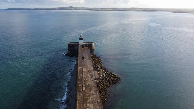Aerial view of the lighthouse and breakwater at Holyhead