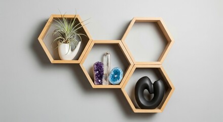 Three natural wood hexagonal floating shelves are interlocked on a light grey wall, forming a honeycomb pattern. The top-left shelf holds a vibrant green air plant (Tillandsia) in a distinctive white
