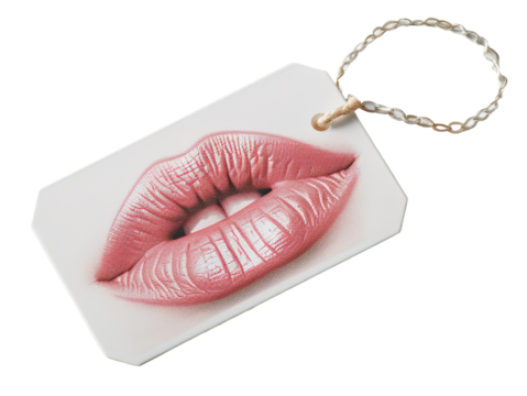 This kiss print tag features a bold lip design in pink, showcasing a clear and stylish look. The tag is isolated on a transparent background, perfect for various creative uses