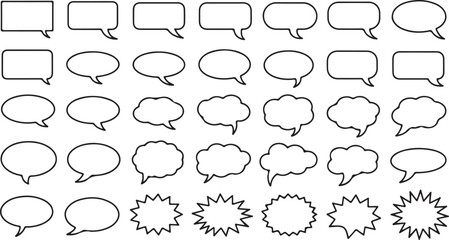 Black outline collection showcases varied speech bubbles and balloon shapes on a transparent background