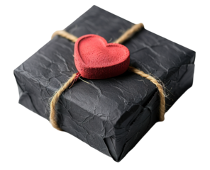 This gift box features a black wrapping with a textured surface and a red heart seal on top. Perfect for gifting on special occasions like anniversaries or Valentine's Day