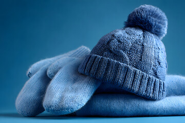 Blue hat, scarf and mittens on a blue background