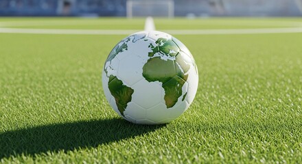 A visually striking soccer ball, intricately designed with the continents of the world mapped onto its panels, rests prominently in the center of a perfectly manicured green field. Bathed in bright,