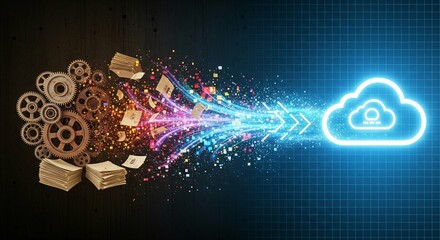 A vibrant digital illustration depicting the concept of digital transformation. On the left, rusty mechanical gears and stacks of paper documents represent an analog, industrial past. These elements