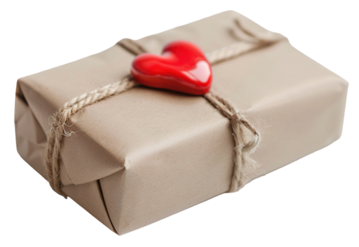 This gift box is neatly wrapped in brown paper and tied with twine, featuring a striking red heart seal. It is isolated on a transparent background for easy use in designs