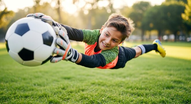 A young goalkeeper dives to catch a soccer ball during a game on a sunny day.