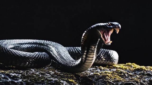 Black King Cobra Coiled and Striking with Rim Lighting