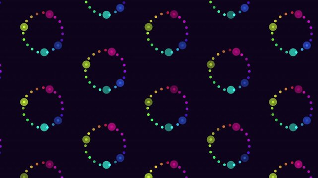 Vibrant and intricate circular pattern of colorful dots on a black background. The dots overlap in a harmonious arrangement creating a visually appealing and seamless design