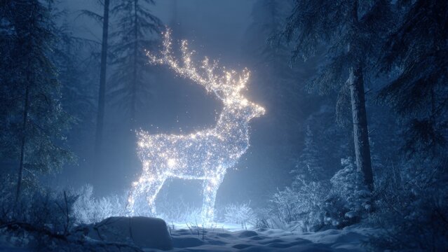 Magical Illuminated Deer in Enchanted Forest Under Moonlit Winter Night with Sparkling Lights and Mystical Glow