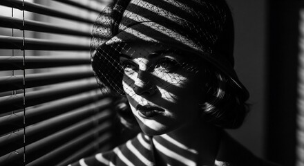 A striking film noir style black and white portrait featuring a mysterious woman in a vintage 1940s cloche hat with a short net veil. Dramatic shadows from Venetian blinds stripe across her face,