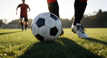 Obraz premium A close-up shot of a soccer ball being kicked on a green field with a player in the background.