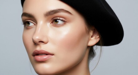 A minimalist beauty shot featuring a young woman with a flawless, dewy complexion, looking softly to the side. She wears a simple, elegant black beret tilted on her head. Her natural makeup emphasizes