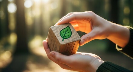 Gentle, caring hands softly hold a rustic wooden block featuring a vibrant green leaf symbol, set against a beautifully blurred sunlit forest background. The image conveys a strong sense of ecology,