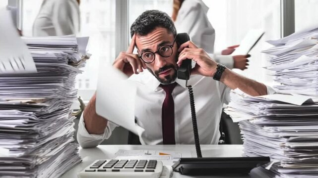 Overworked stressed office employee surrounded by towering stacks of paperwork while talking on phone, overwhelmed business professional struggling with workload pressure corporate deadlines and inten