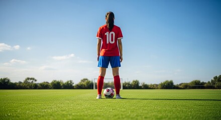 A female soccer player stands on a green field with a ball, wearing a red jersey.