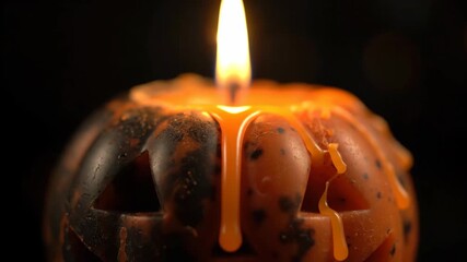 A burning, orange candle carved with a jack-o'-lantern face. Wax drips down the sides, with a warm flame above - Powered by Adobe