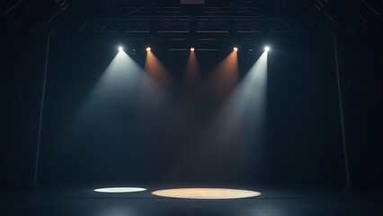 showbiz. Empty performance stage with dramatic spotlight beams cutting through a dark background, creating an atmospheric space. ESG reports.