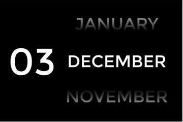 Obraz premium December 3 calendar with black background. A minimalist calendar template with well-structured date boxes and a sleek layout. This image is ideal for illustrating concepts such as time planning
