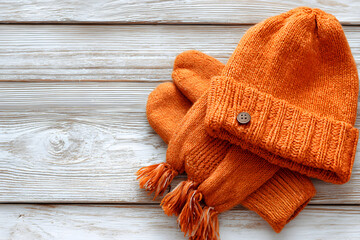 Orange knitted winter items: hat, scarf, mittens on a light wooden background