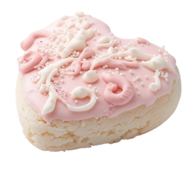Heart-shaped cookie with pink icing and decorative design is cut out and isolated on a white background. Ideal treat for celebrations like Valentine's Day or anniversaries