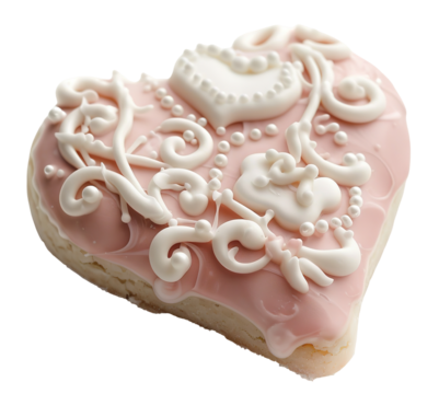 Heart-shaped cookie with pink icing and intricate white decorations sits on a transparent background. Perfect for events like weddings, anniversaries, and Valentine's Day