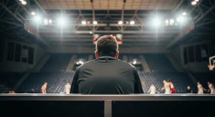 A coach watches a basketball game from the sidelines, observing the players.