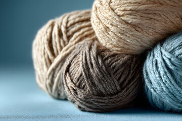Skeins of neutral light-colored yarn on a blue background, close-up