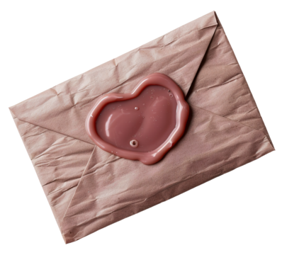 This letter features a pink wax seal in the shape of a heart, resting on a textured envelope with a soft, warm tone. Ideal for love letters and romantic messages