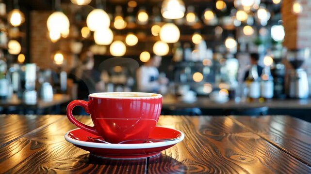 Freshly brewed espresso red cup on dark wooden table, blurred caf\u00e9 background with warm golden bokeh lights