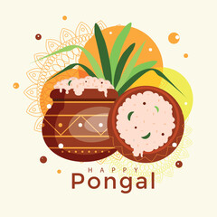 Pongal harvesting celebration banner. Indiana culture tradition. Pot, plant, sun, text. Vector illustration