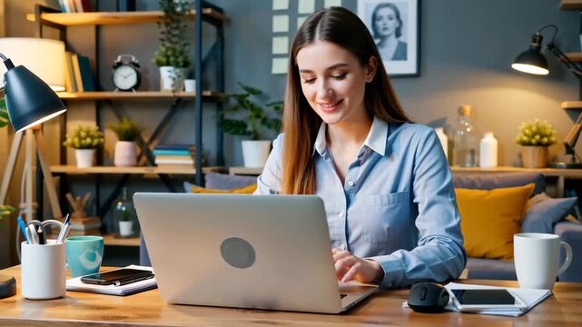 Focused young woman in blue shirt typing on silver laptop at cozy home office desk with warm lighting plants and modern decor, concept of remote work platforms, online education, freelance services