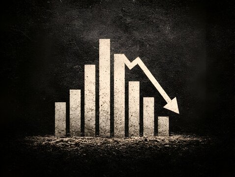 White textured bar graph depicting downward trend with arrow isolated against black background, symbolizing economic downturn and market crash.